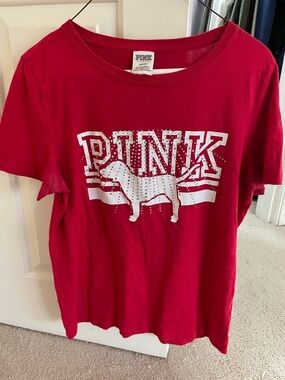 PINK Victoria's Secret Red Short Sleeve Logo Tee with Studded Dog